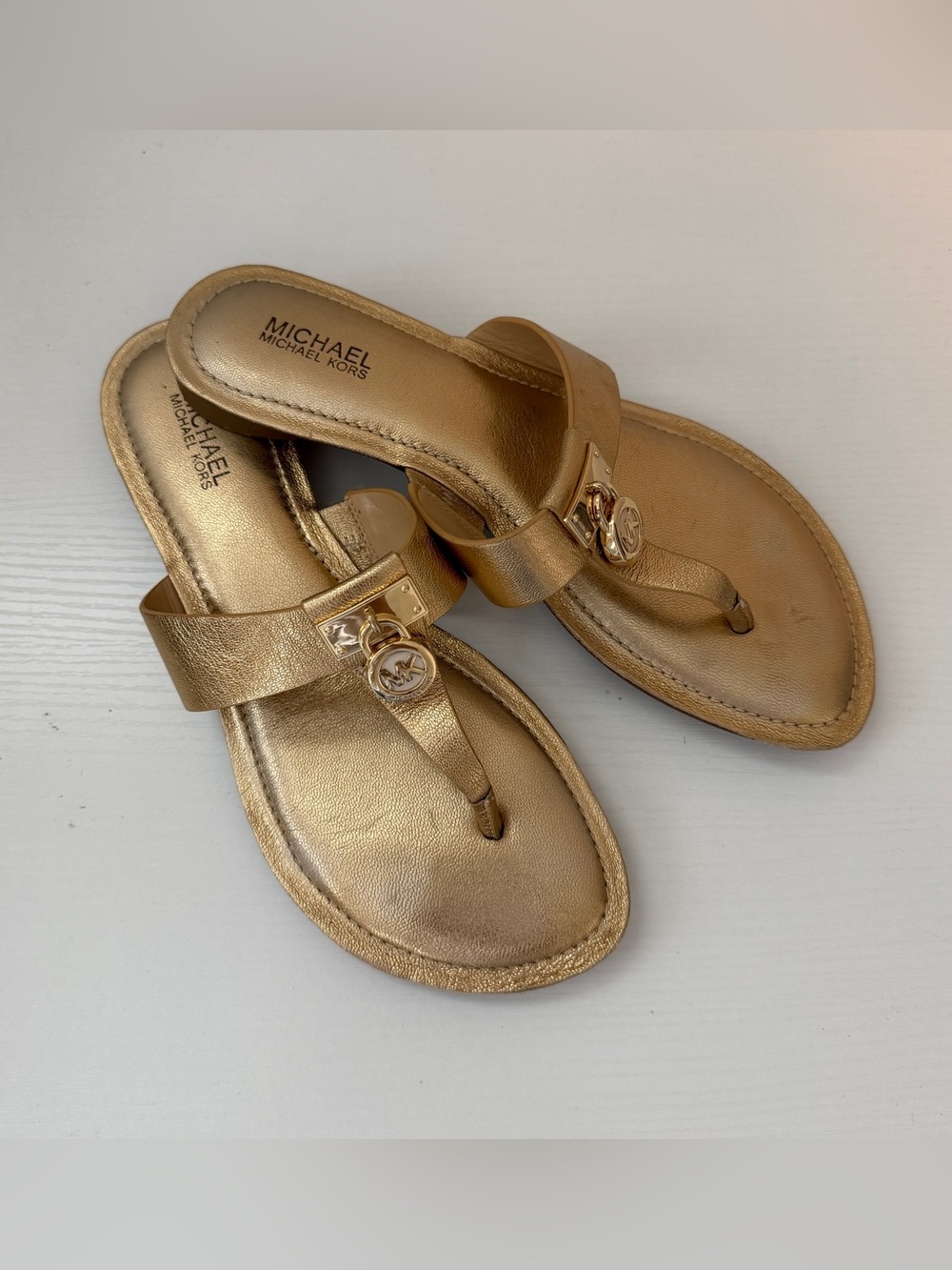 Michael Kors Metallic Gold Logo Thong Sandals
